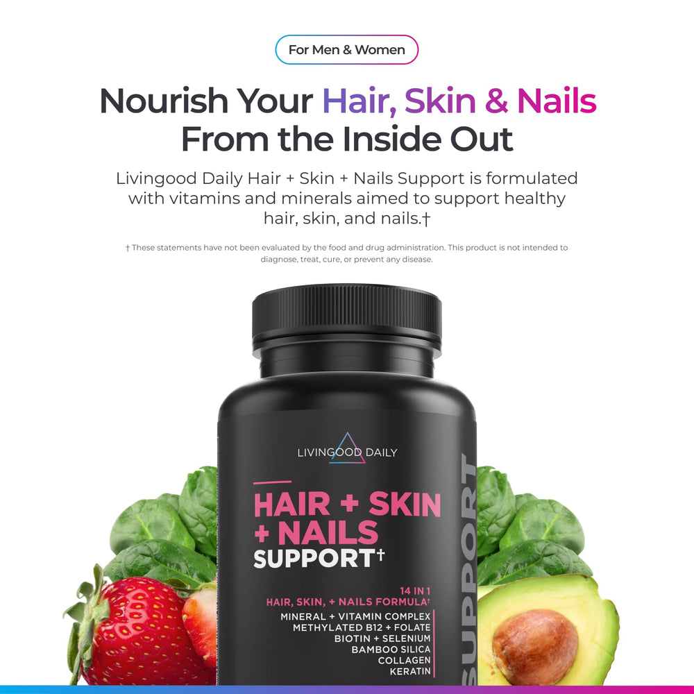 Livingood Daily capsules closeup highlighting biotin and collagen for hair and nails.