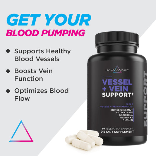 Livingood Daily capsules close-up, showcasing clean vegan ingredients for vascular wellness.