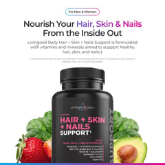 Livingood Daily capsules closeup highlighting biotin and collagen for hair and nails.