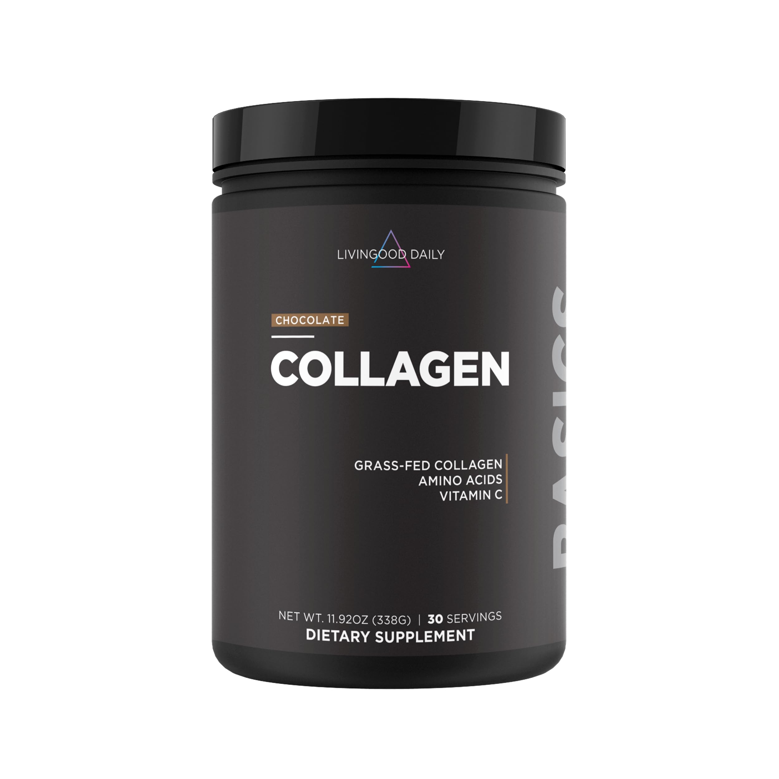 Livingood Daily chocolate collagen bottle shows clean ingredients for daily protein