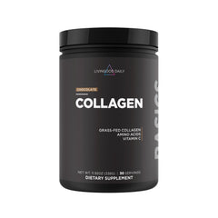 Livingood Daily chocolate collagen bottle shows clean ingredients for daily protein