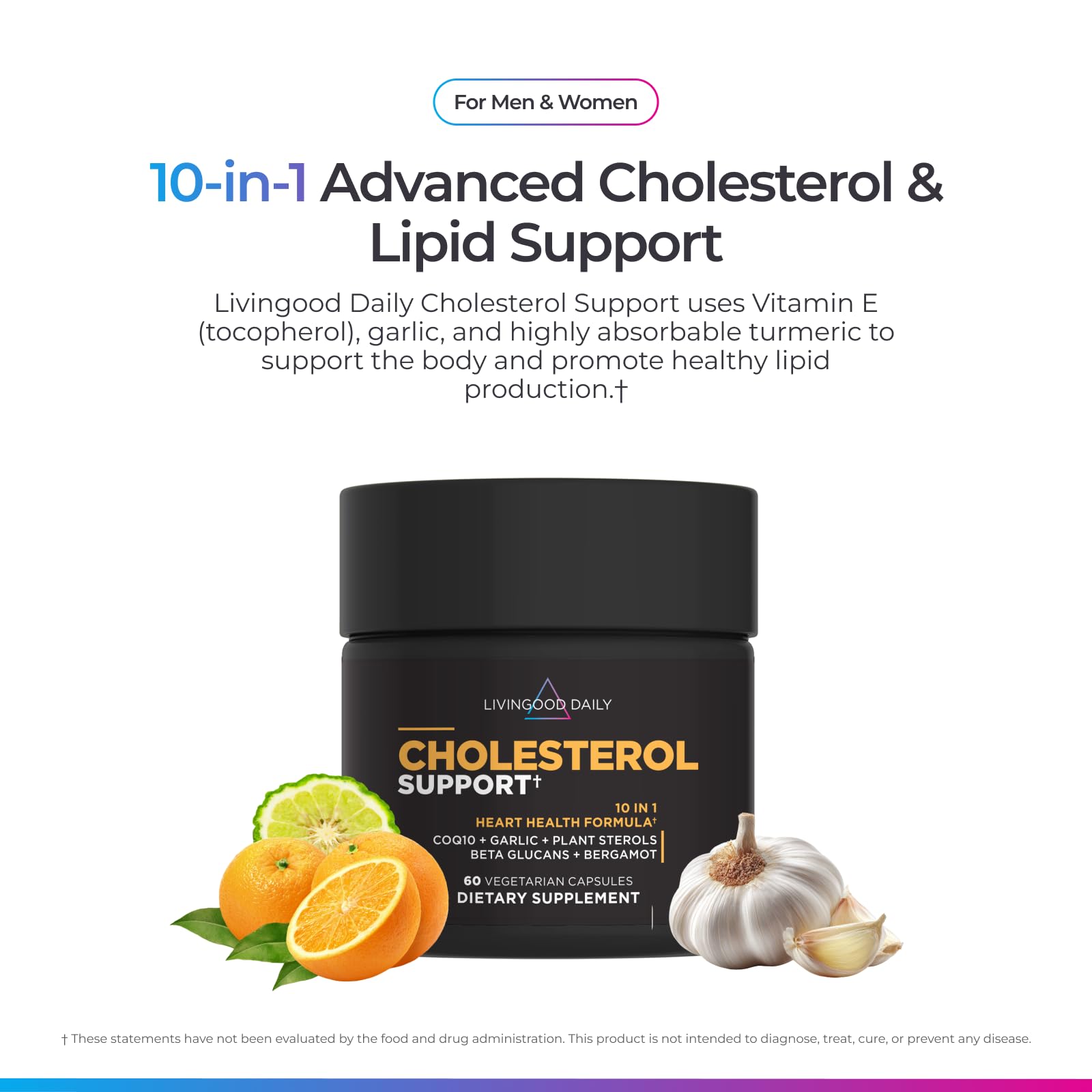 Livingood Daily Cholesterol Support label highlights CoQ10 and bergamot for cellular energy.