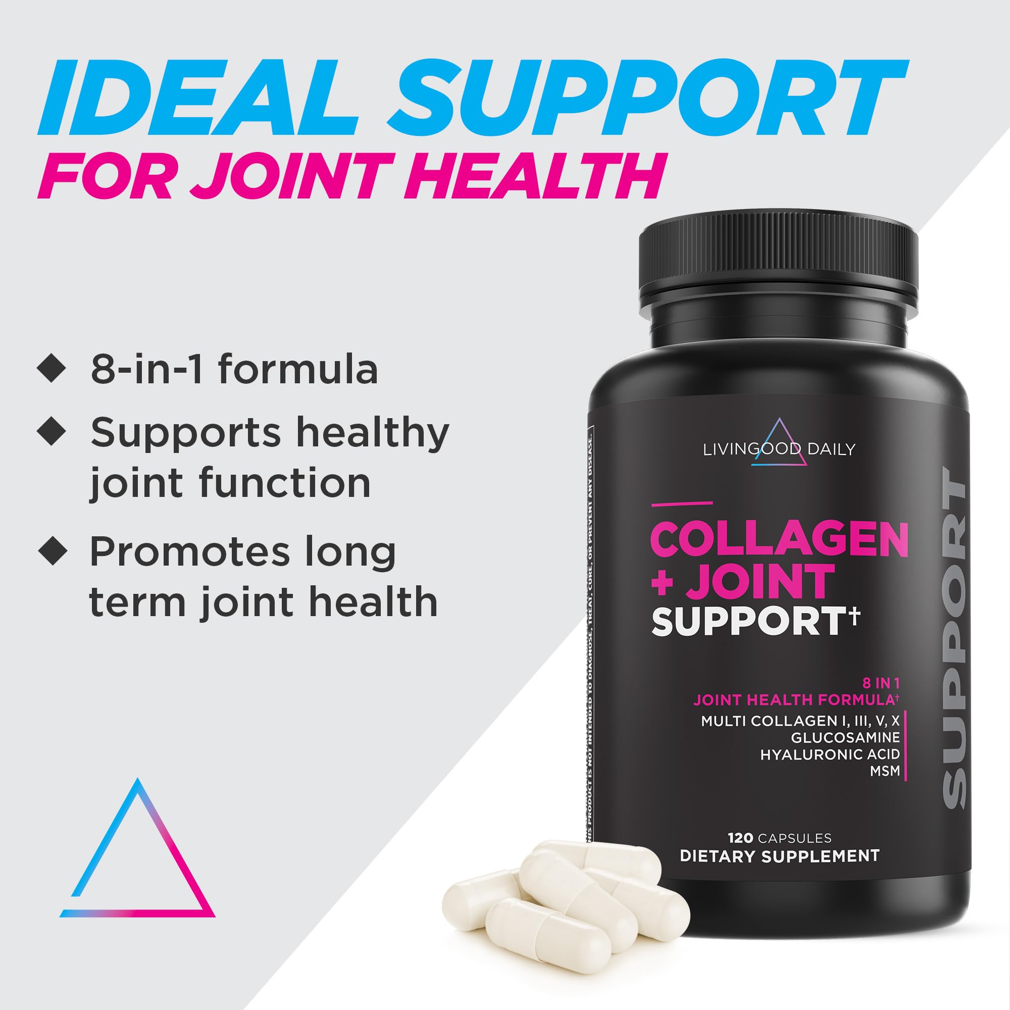 Livingood Daily collagen capsules close-up ready for daily dosing