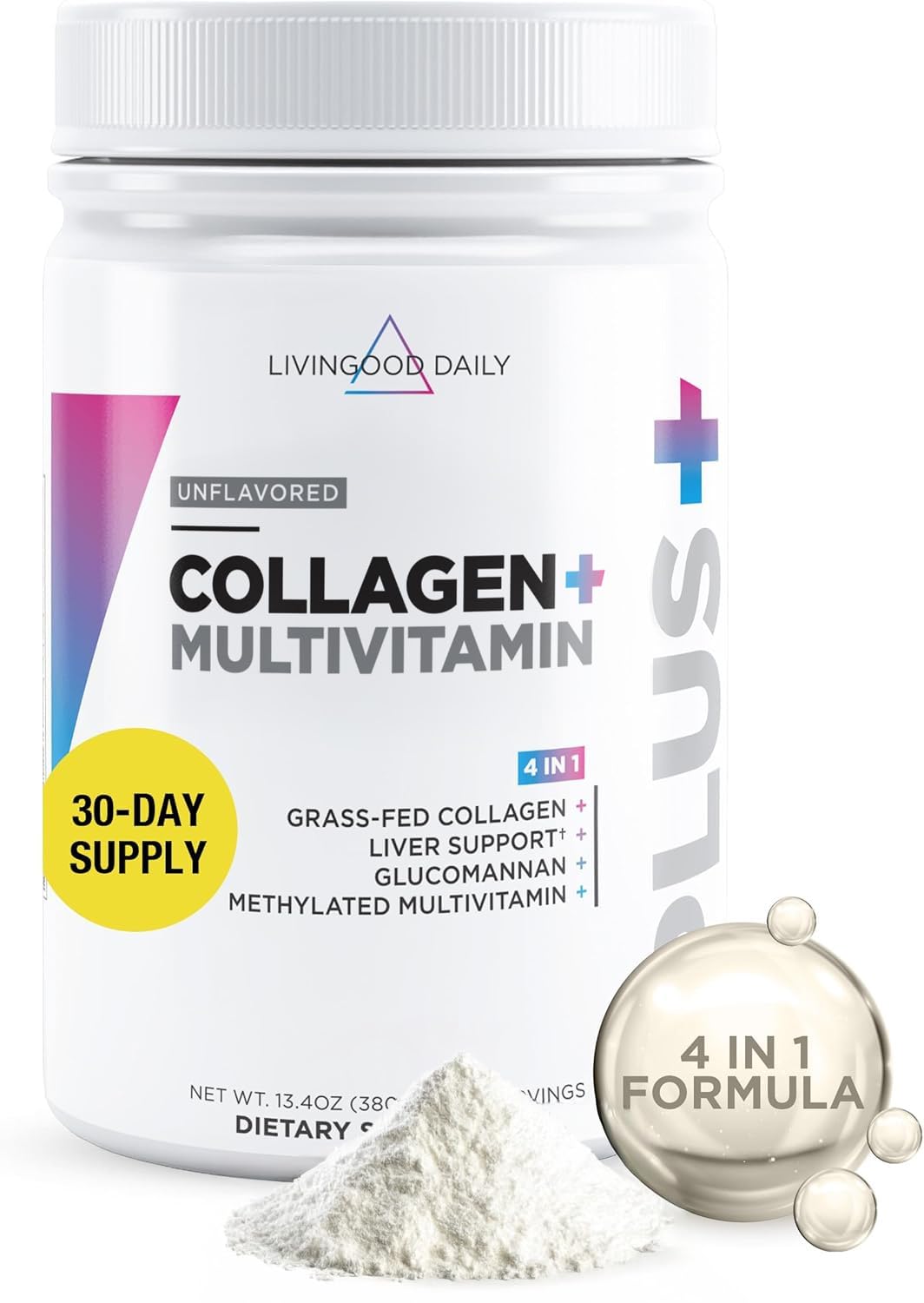 Livingood Daily Collagen + Multi bottle on counter for daily routine support.