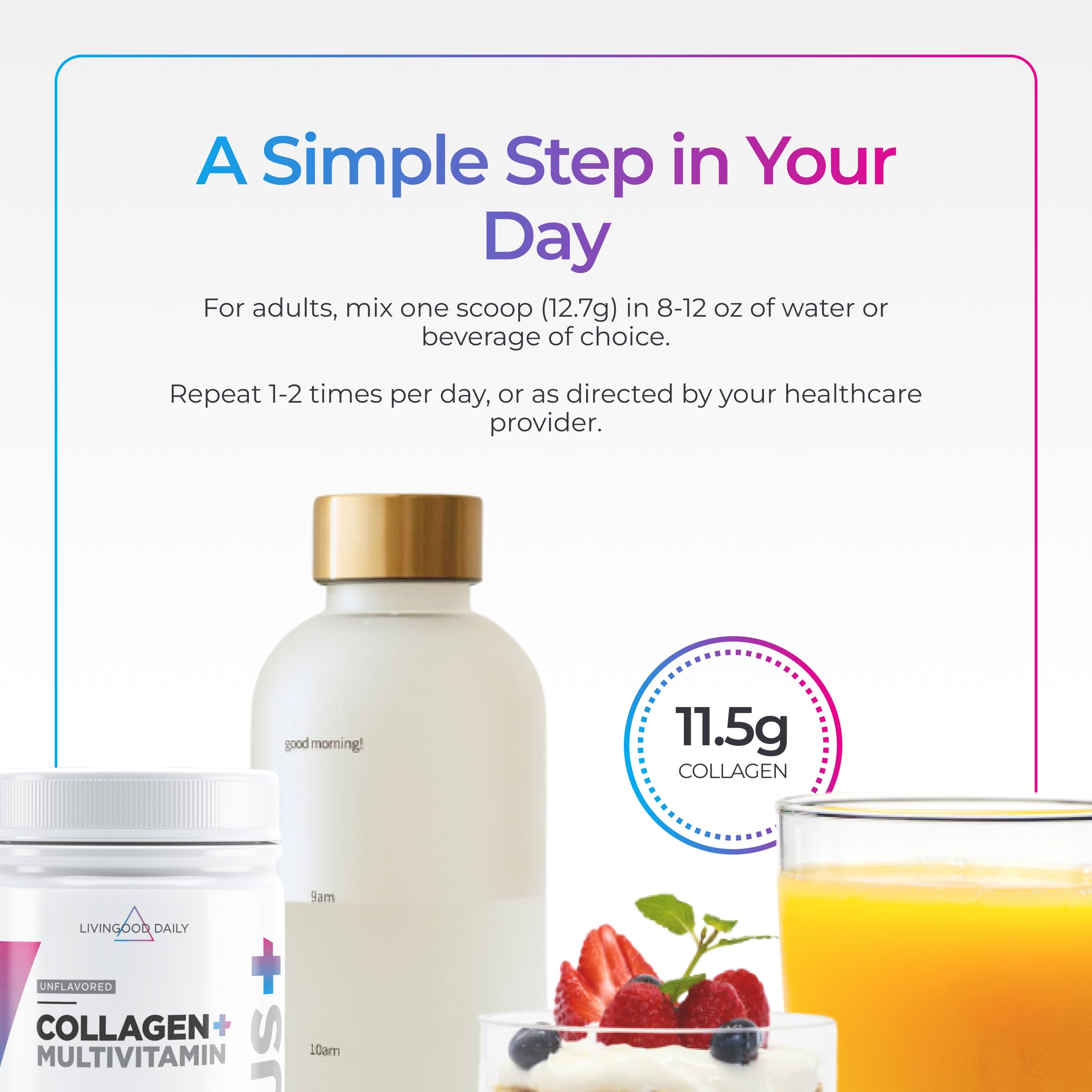 Livingood Daily Collagen + Multi in coffee for morning energy boost.