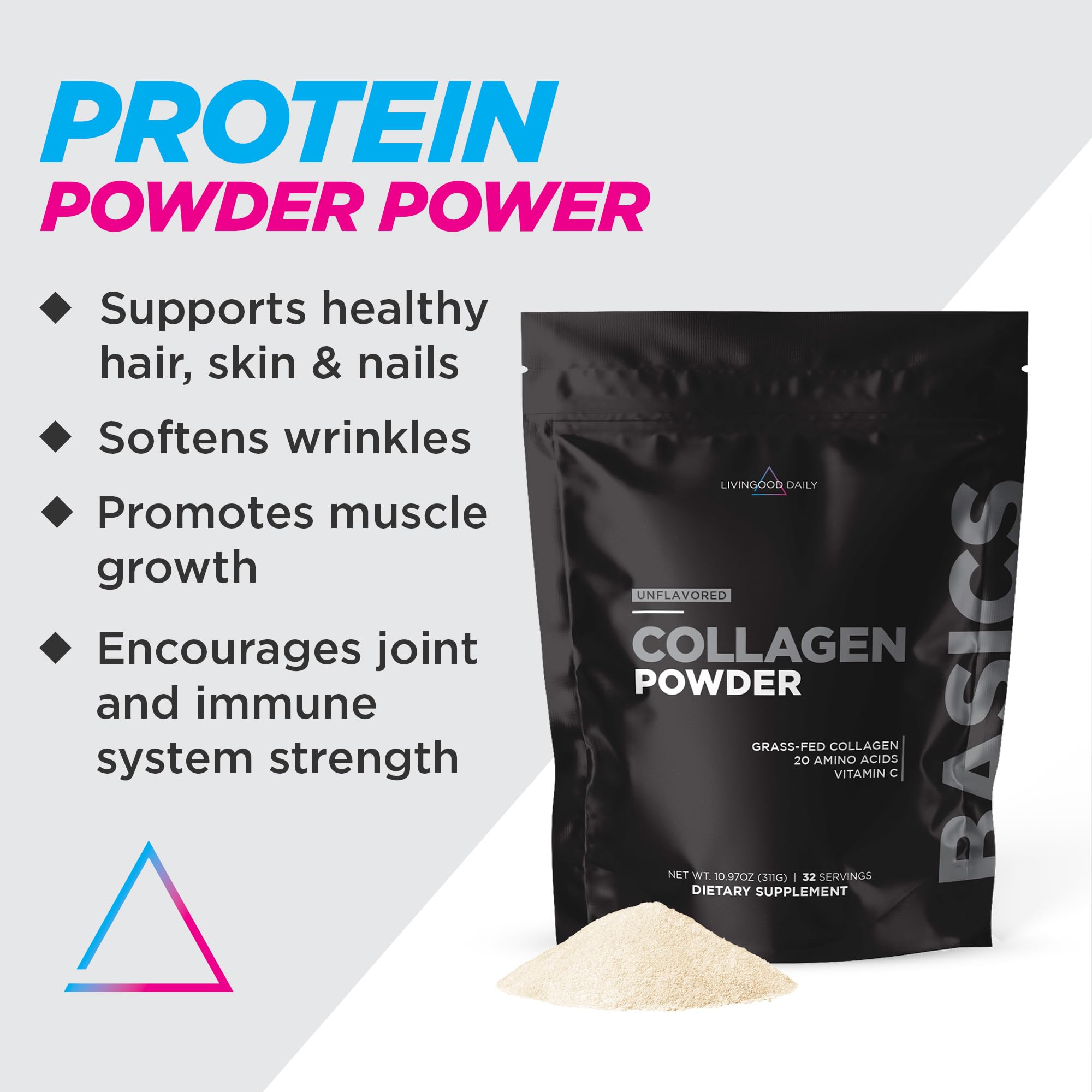 Livingood Daily Collagen Powder ingredients display grass-fed collagen and pea protein