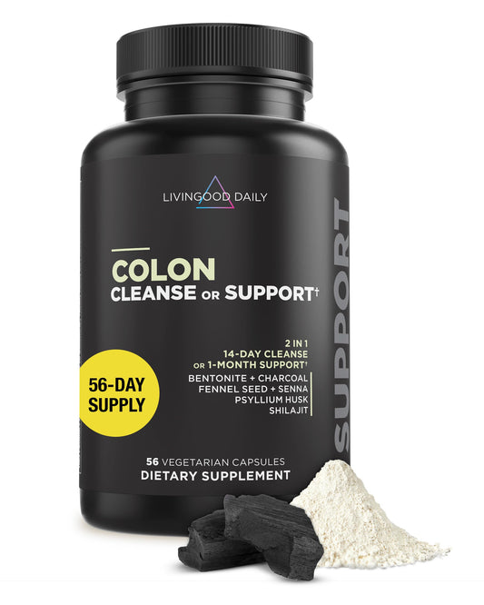 Livingood Daily Colon Cleanse bottle on a kitchen counter supports everyday digestion.