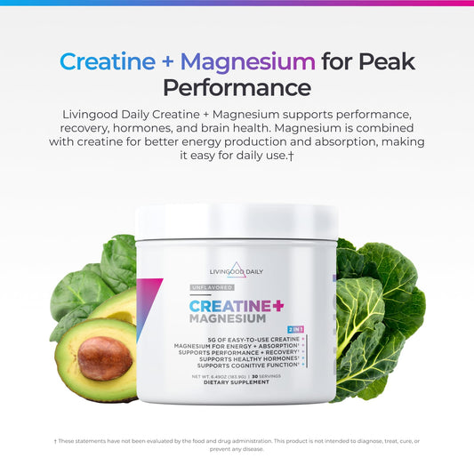 Livingood Daily Creatine Magnesium Powder 30-servings bottle sustains performance and muscle endurance.