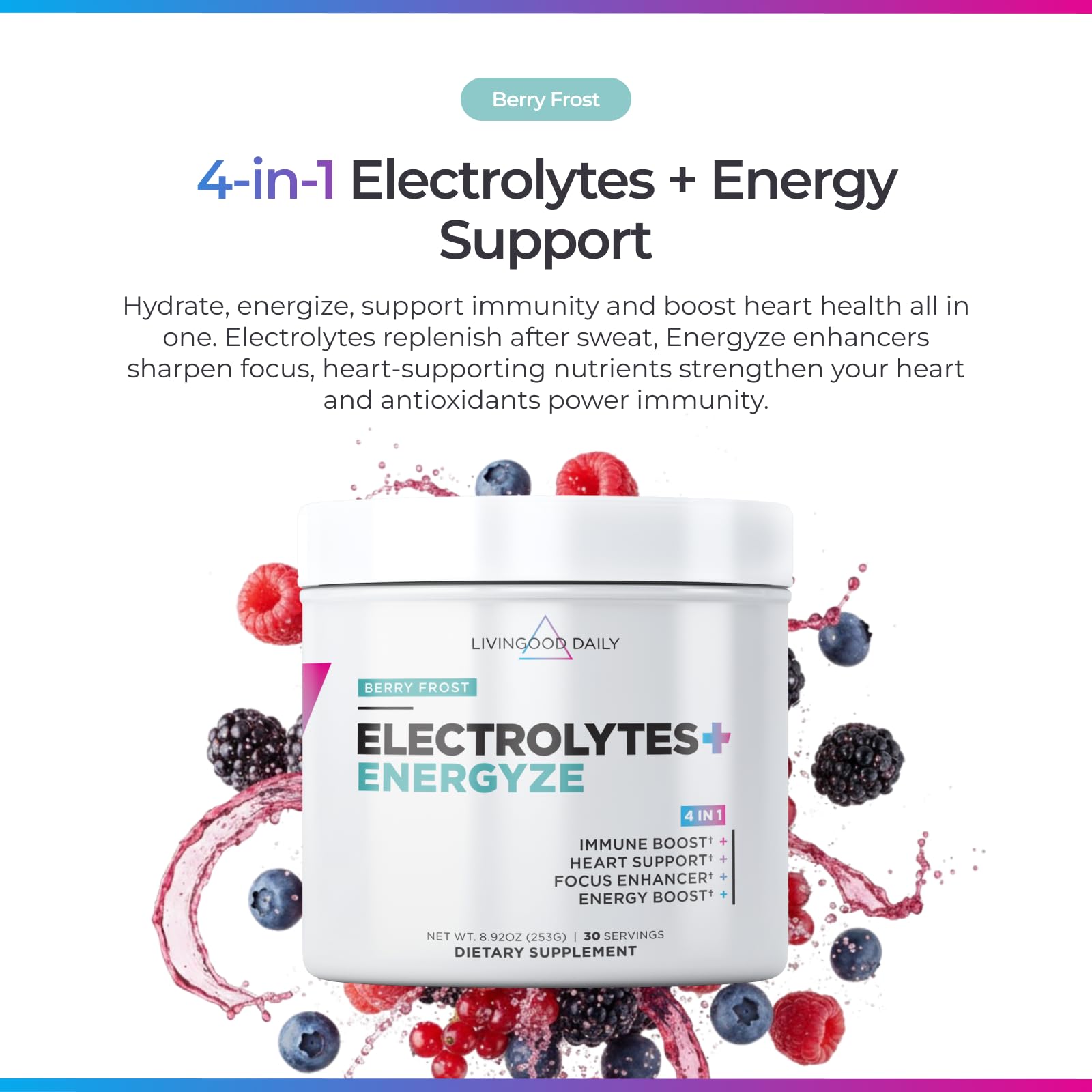 Livingood Daily Electrolytes Powder Berry Frost bottle pour ideal for on-the-go hydration