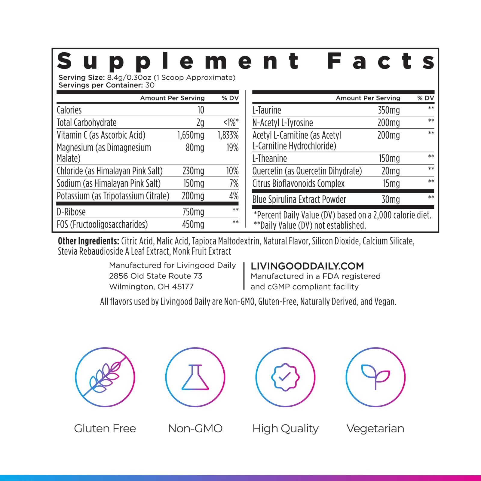 Livingood Daily Electrolytes Powder Berry Frost in glass highlights vibrant flavor