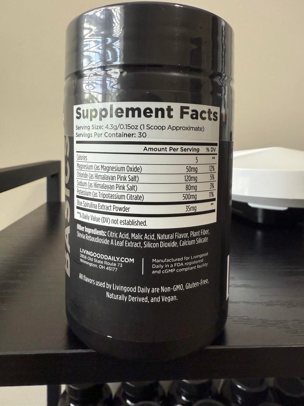 Livingood Daily Electrolytes Powder label-ingredients close-up highlights clean keto-friendly formulation.