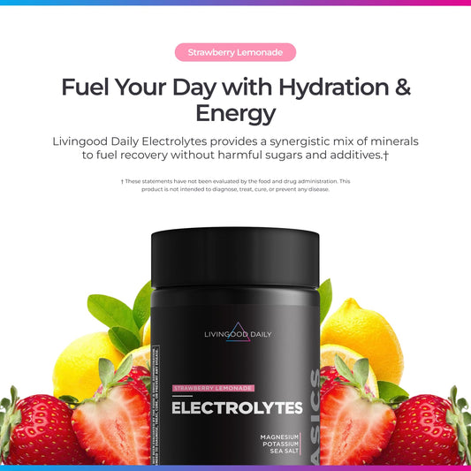 Livingood Daily Electrolytes Powder scoop dispensing for quick mix.