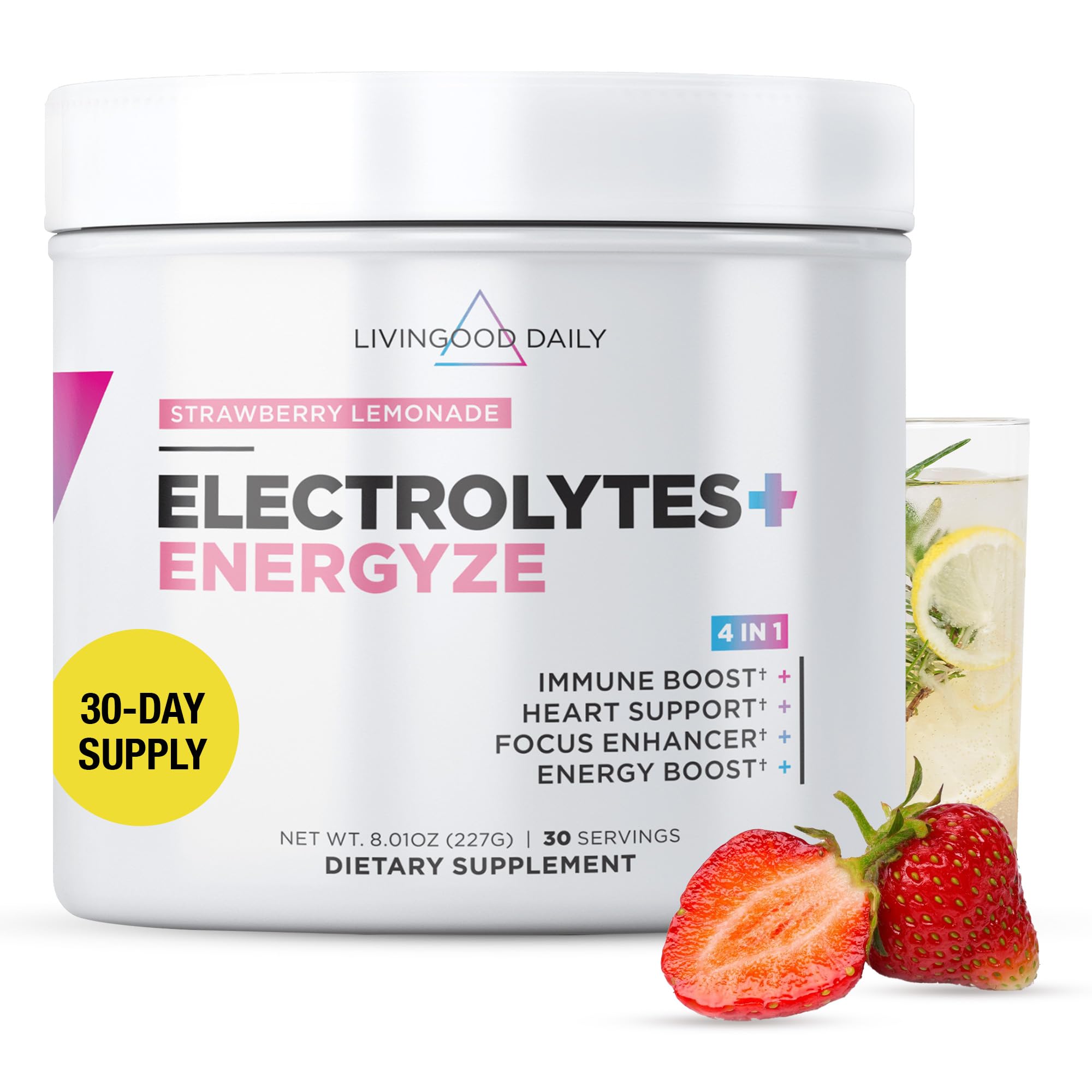 Livingood Daily Electrolytes Powder tub front for daily hydration and flavor