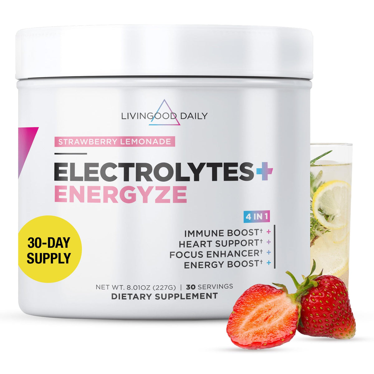 Livingood Daily Electrolytes Powder tub front for daily hydration and flavor