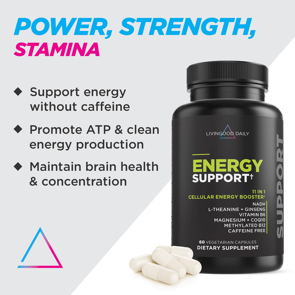 Livingood Daily Energy Support capsules close-up showing veggie capsules for steady energy.