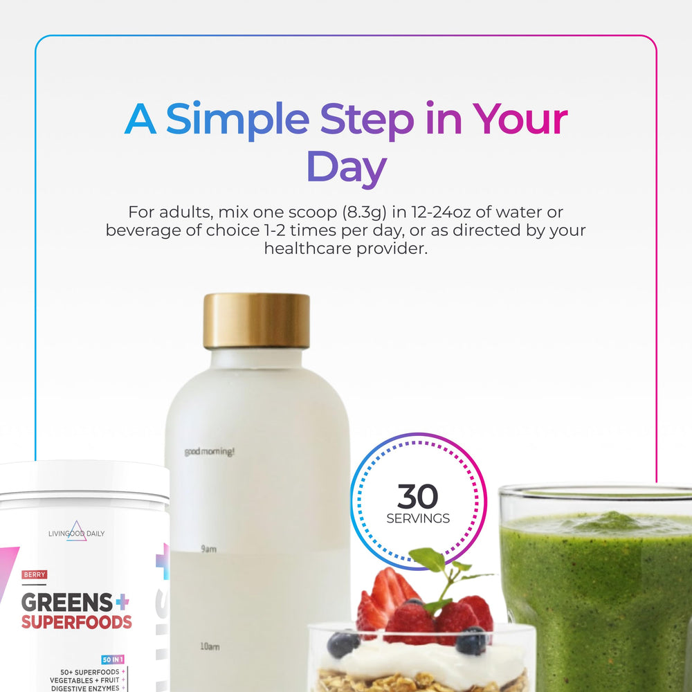 Livingood Daily Greens clean label with non-GMO and gluten-free indicators