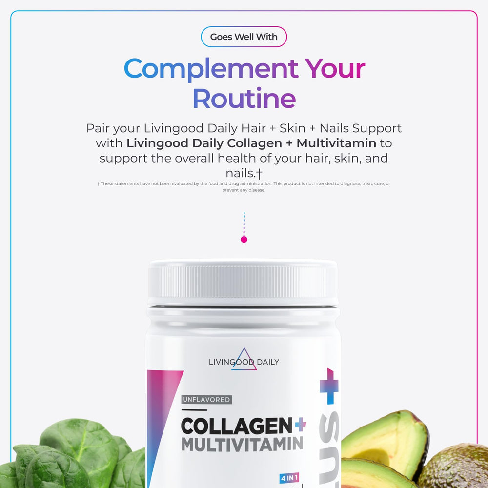 Livingood Daily hair skin nails bundle showing bottle aiding strength and elasticity.