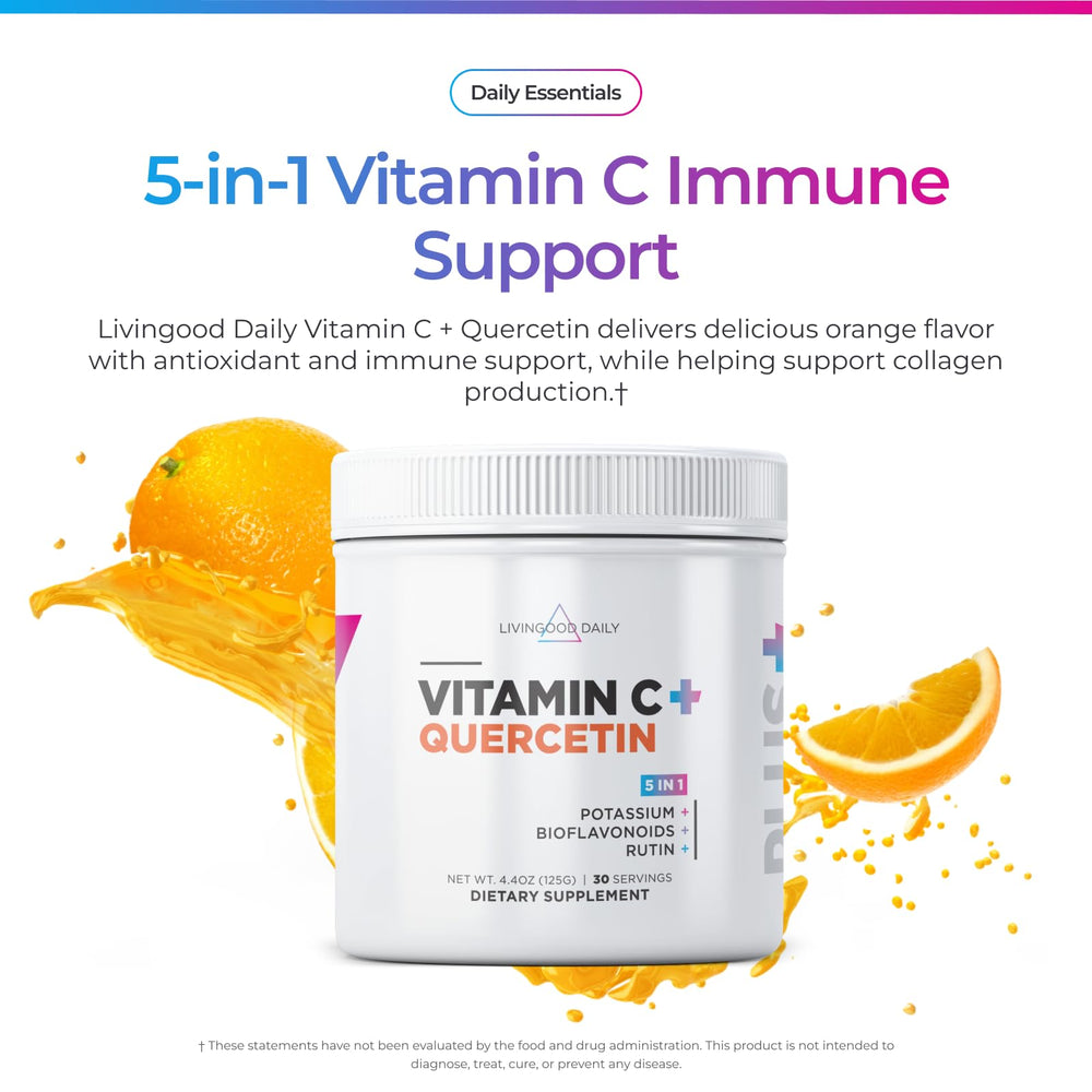 Scoop of Livingood Daily High Dose Vitamin C Powder beside the bottle for easy measuring.