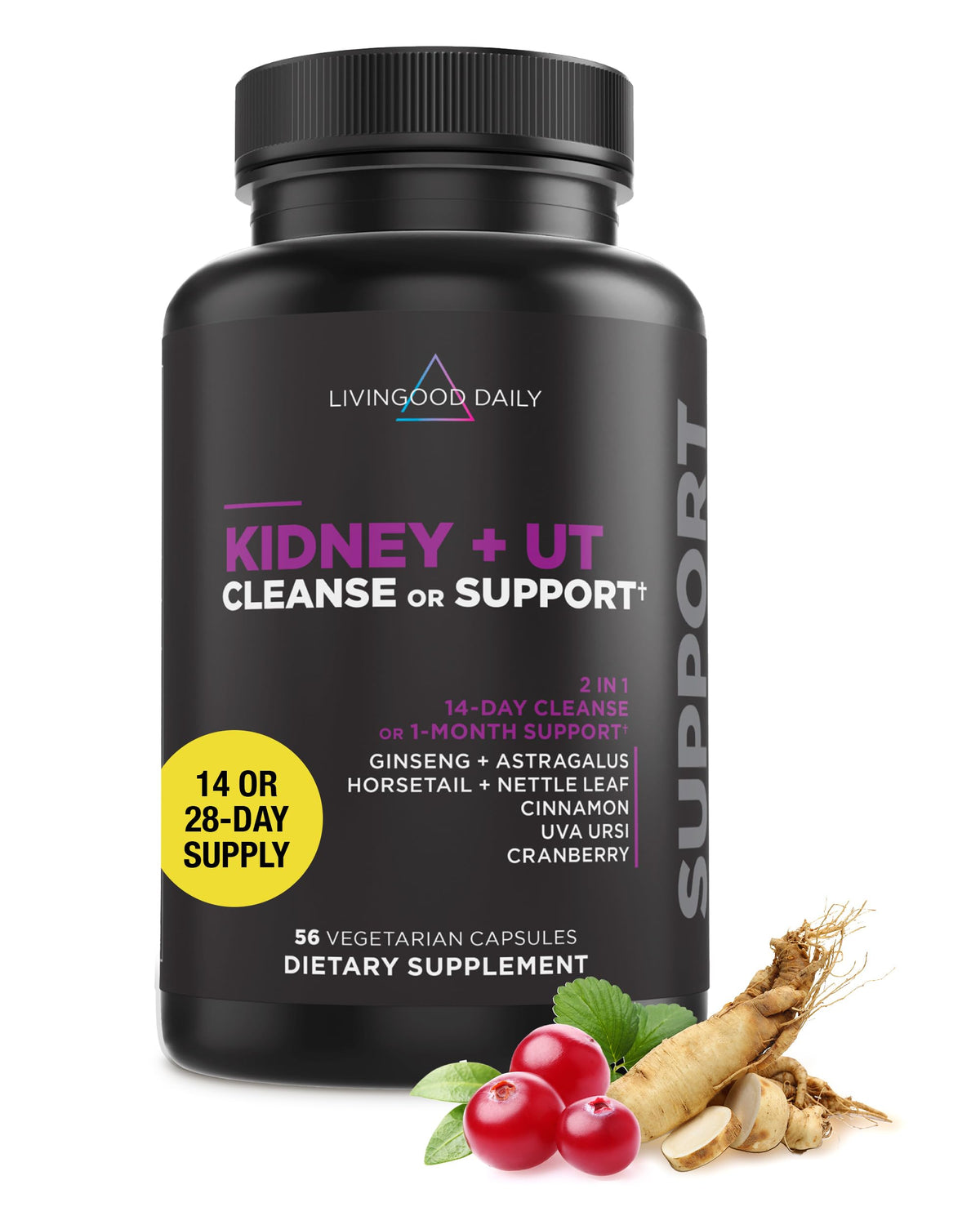 Livingood Daily Kidney Cleanse bottle pour—easy capsules for daily urinary comfort.