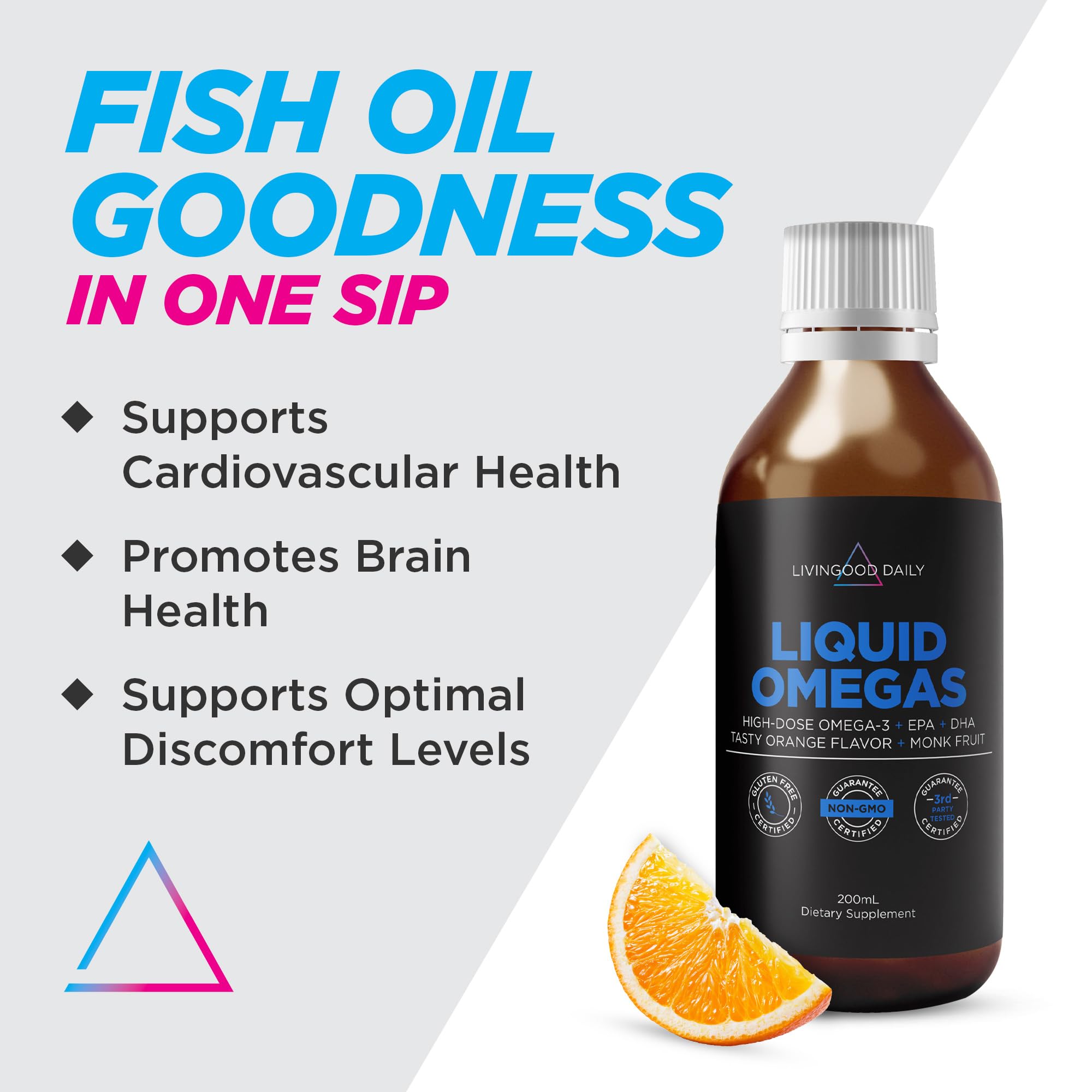 Livingood Daily Liquid Omega-3 bottle label close-up highlighting high-potency formula.