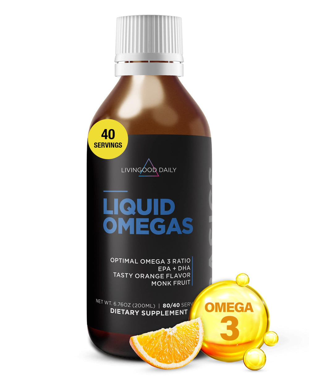 Livingood Daily Liquid Omega-3 bottle being poured for easy daily dosing.