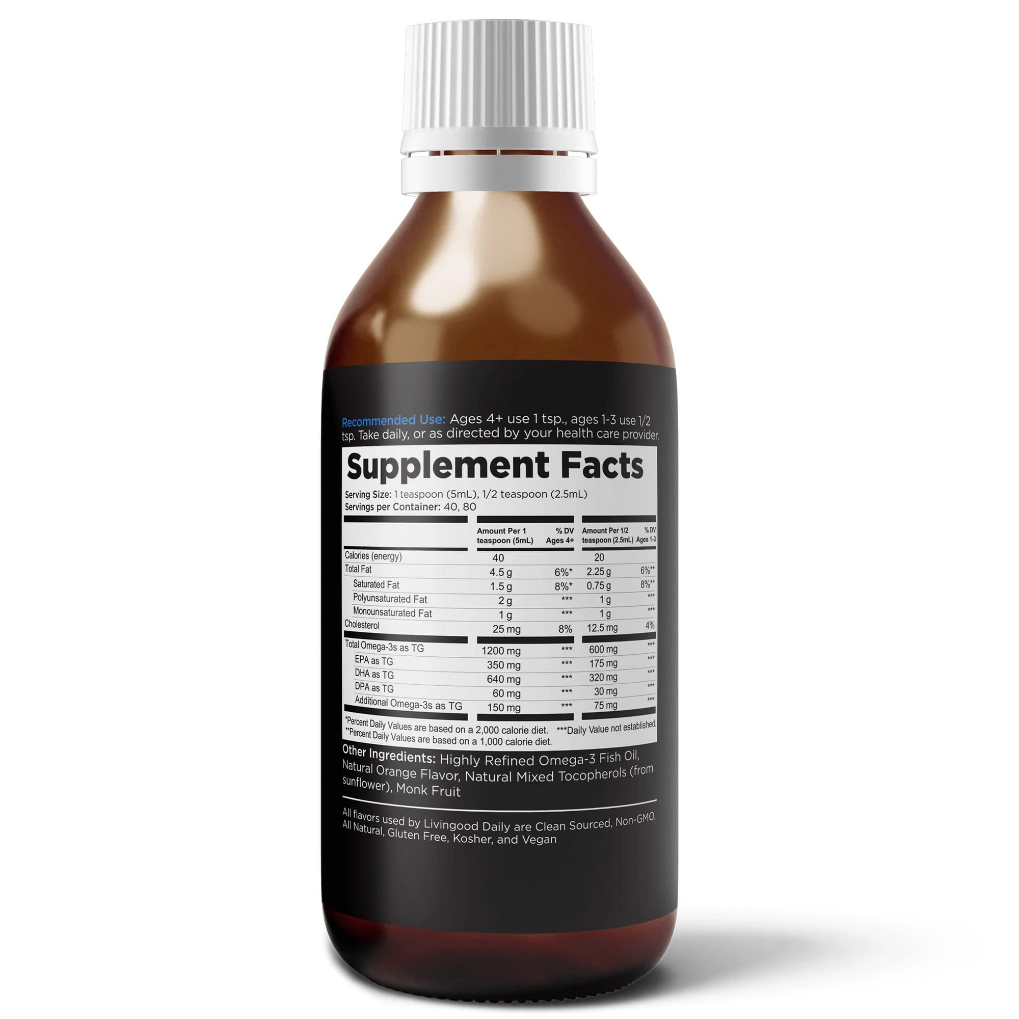 Livingood Daily Omega-3 served in a glass with spoon, enjoying orange flavor.