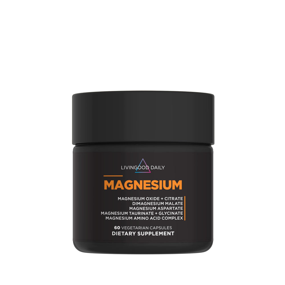 Livingood Daily magnesium bottle front view for daily wellness and heart support.