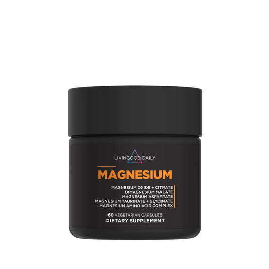 Livingood Daily magnesium bottle front view for daily wellness and heart support.