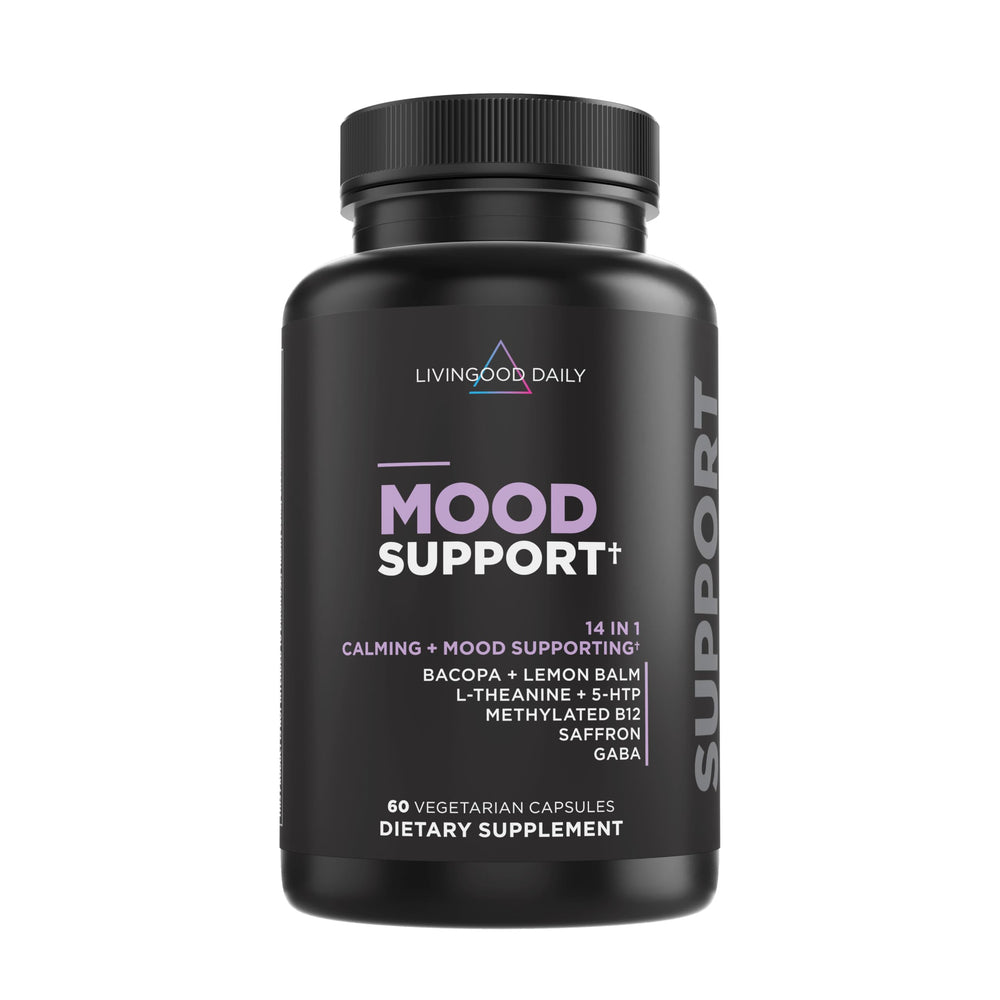 Livingood Daily Mood Support bottle with capsules promoting calm and focus.
