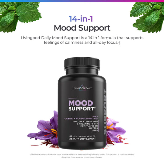 Livingood Daily Mood Support capsules close-up highlighting the 14-in-1 formula.