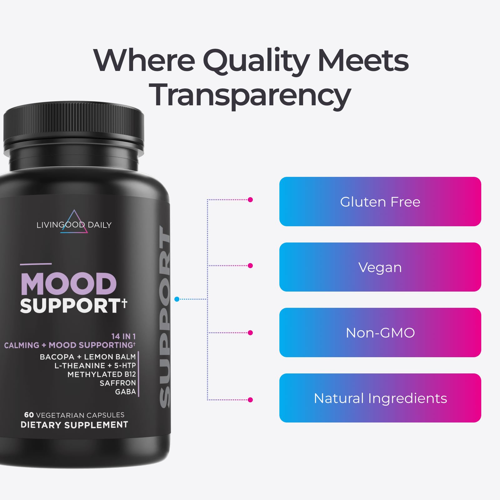 Livingood Daily Mood Support label shows vegan, gluten-free ingredients.