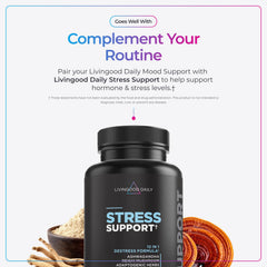 Livingood Daily Mood Support packaging emphasizing gluten-free, non-GMO standards.