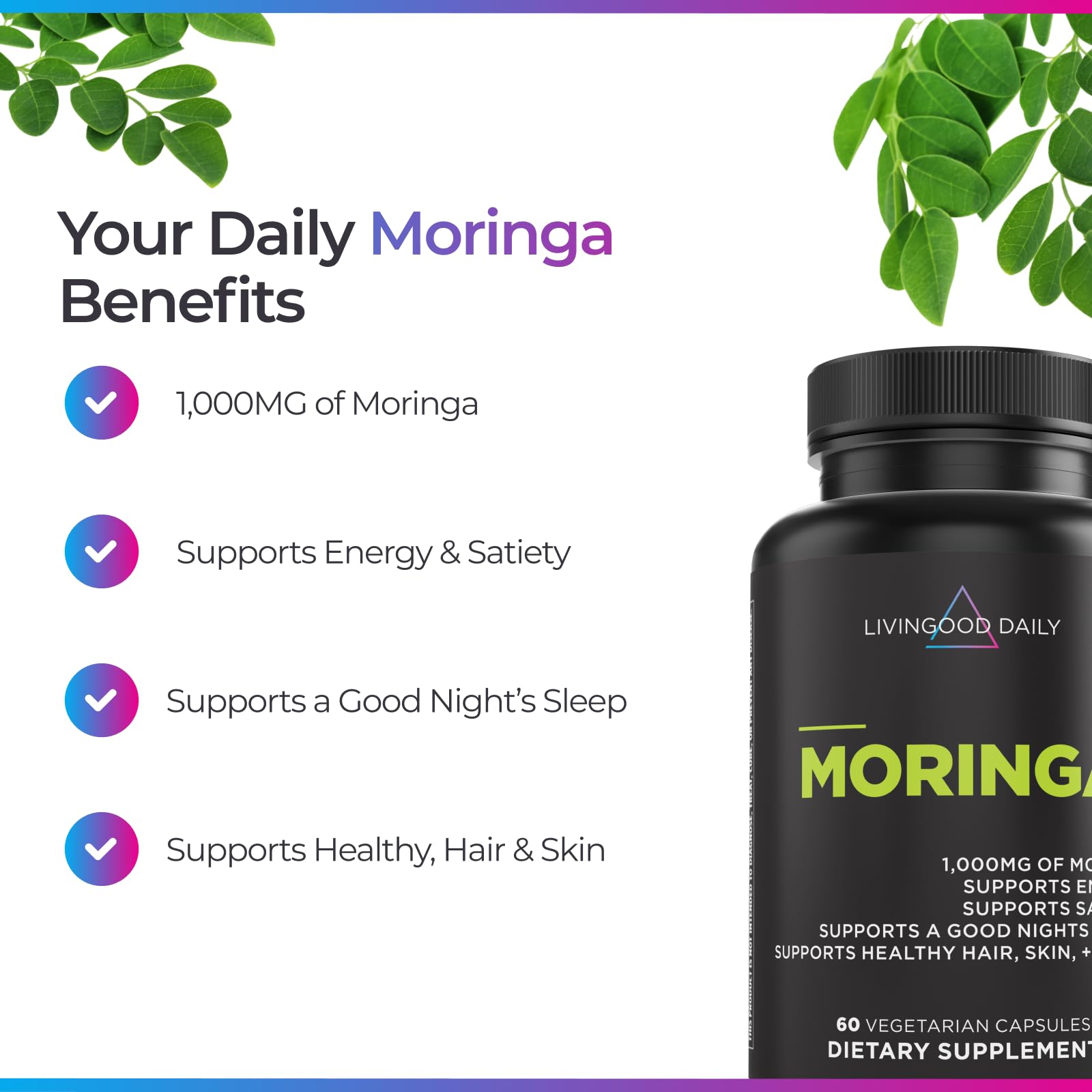Livingood Daily Moringa Capsules angled view illustrating a simple wellness routine.