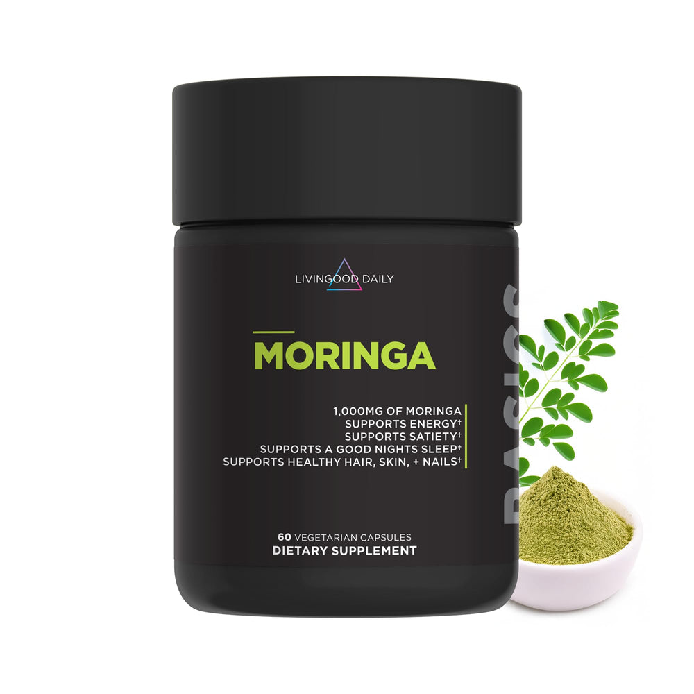 Livingood Daily Moringa Capsules bottle front view for daily greens support.