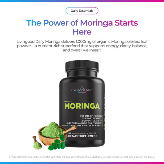 Livingood Daily Moringa Capsules closeup showing the capsules and clean label.