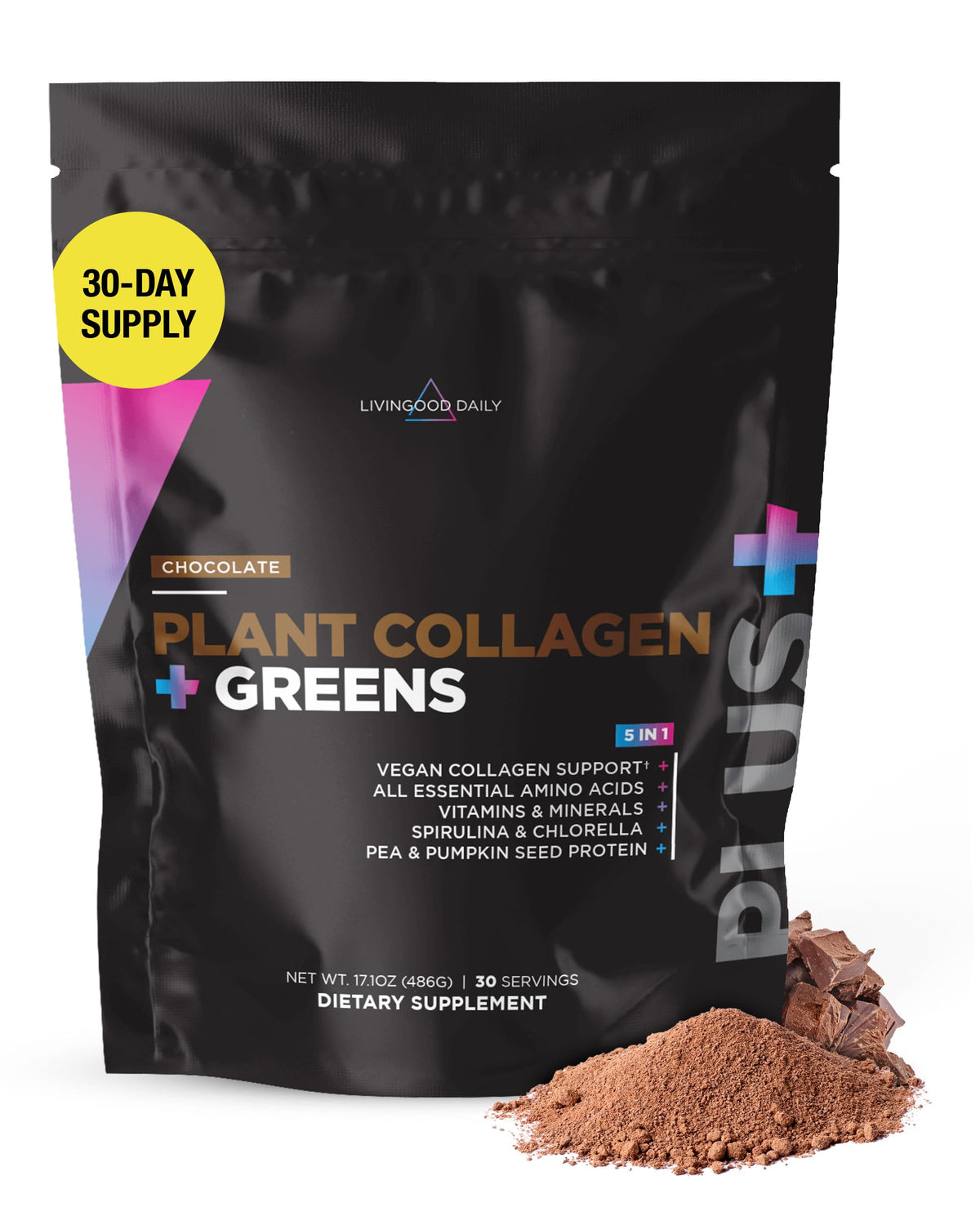 Livingood Daily Plant Collagen + Greens bottle, vegan 5-in-1 support for hair, skin, nails.