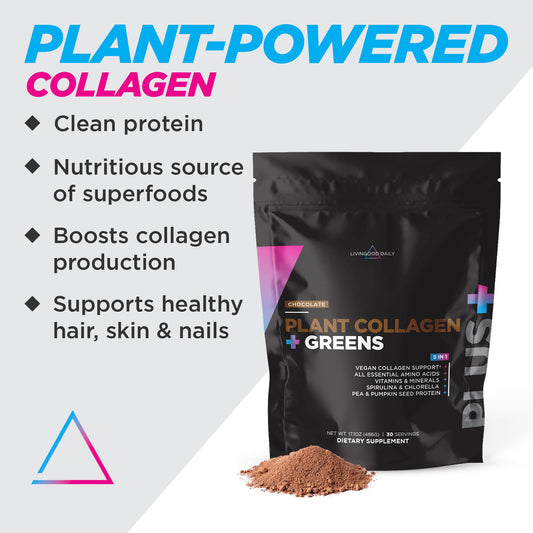 Livingood Daily Plant Collagen + Greens scoop in glass showing chocolate blend and protein.