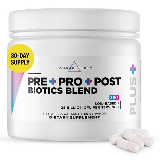 Livingood Daily 3-in-1 blend packaging for convenient daily gut support.