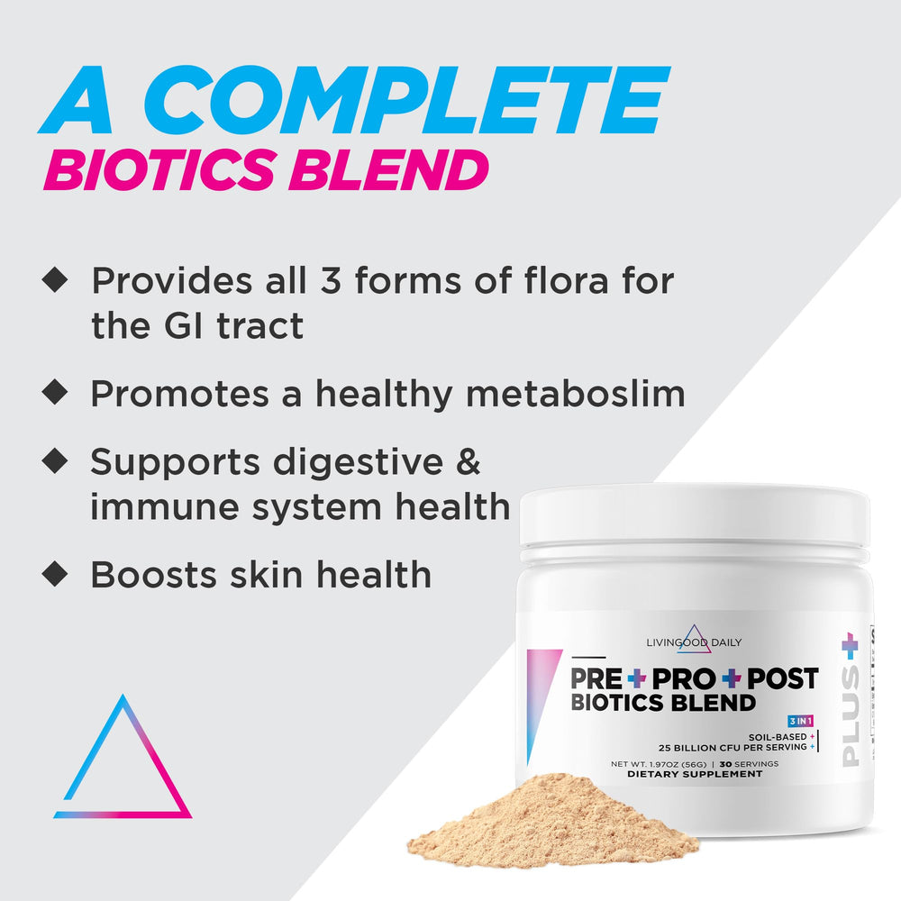 Livingood Daily Pre Pro Post Biotics Blend scoop shows easy dosage.