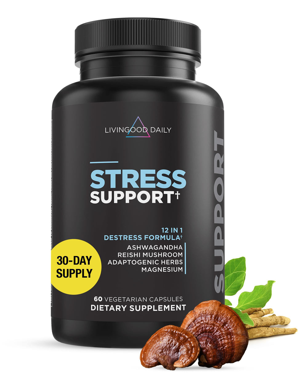 Livingood Daily Stress Support bottle label showcases calming, plant-based ingredients for daily mood balance.