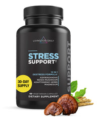 Livingood Daily Stress Support bottle label showcases calming, plant-based ingredients for daily mood balance.
