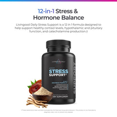 Livingood Daily Stress Support capsules close-up highlights vegan capsules for adaptable stress response.