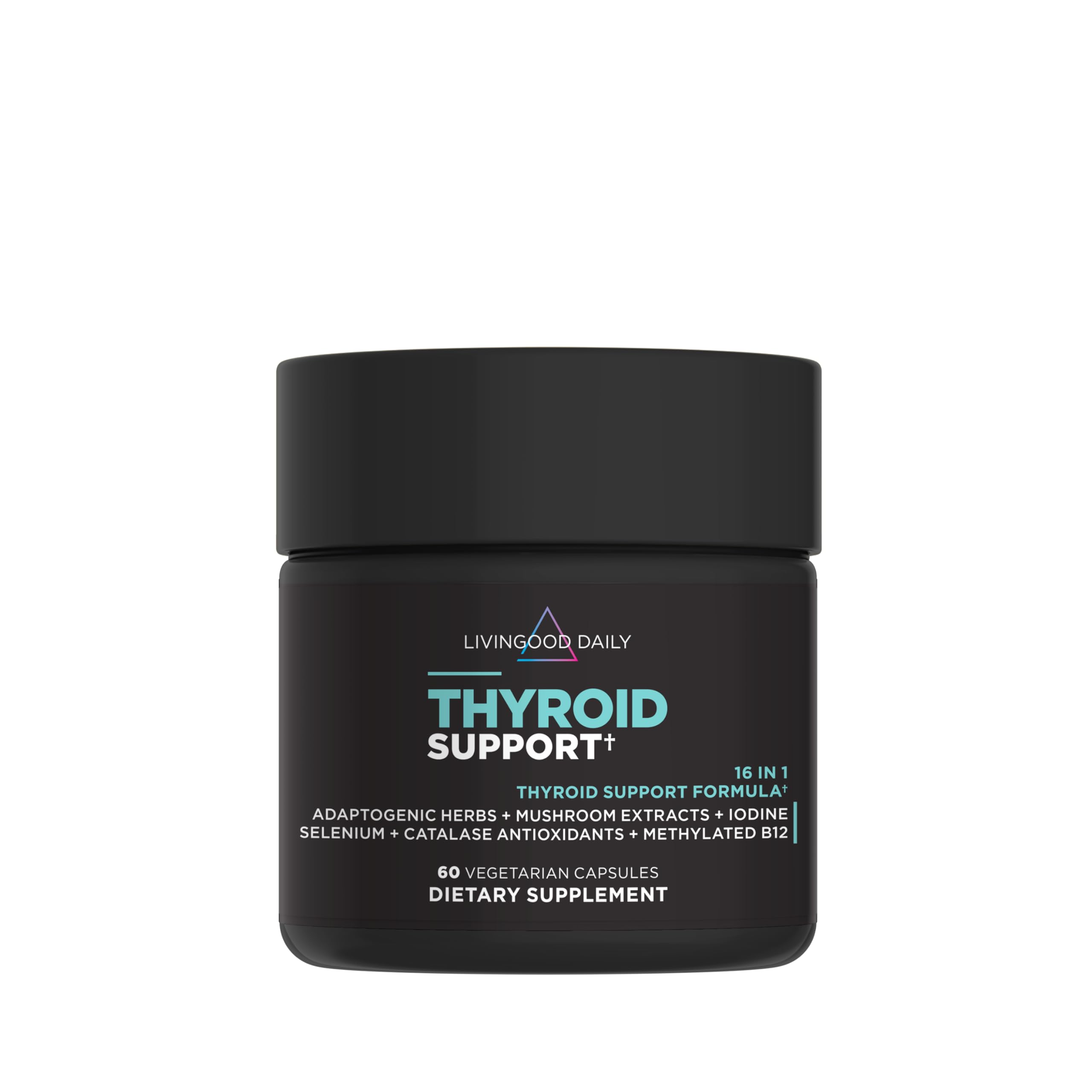 Livingood Daily Thyroid Support bottle with 60 capsules for daily thyroid nutrition.