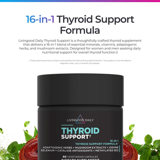 Livingood Daily Thyroid Support vegetarian capsules convenient daily intake.