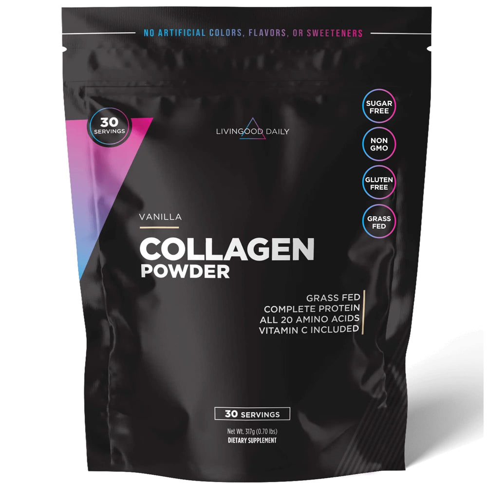 Livingood Daily Vanilla Collagen Package on shelf highlights grass-fed sourcing.
