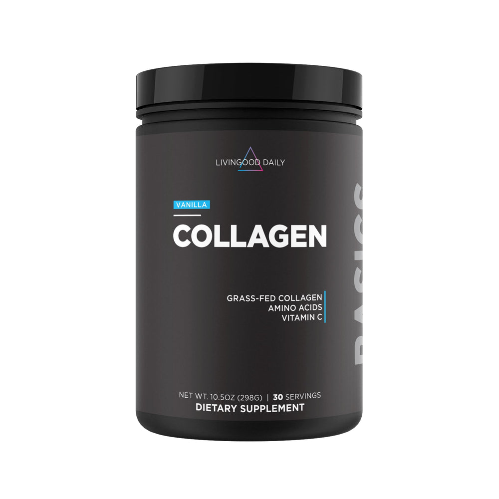 Livingood Daily Vanilla Collagen Powder tub highlights protein blend for daily wellness.