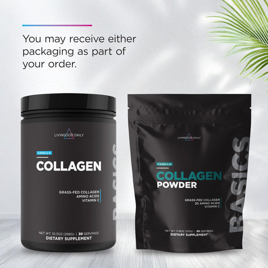 Livingood Daily Vanilla Collagen Scoop illustrates convenient single-serving dosing.