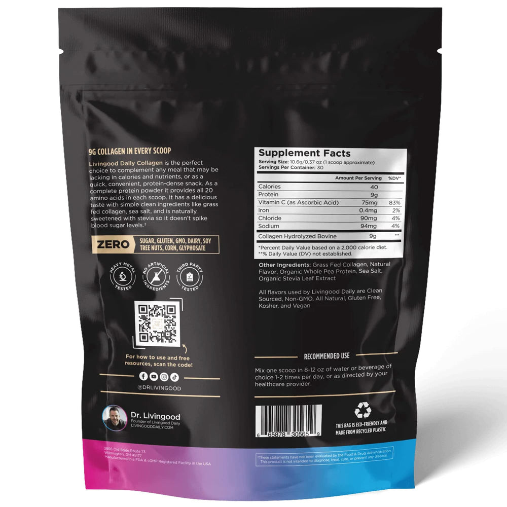 Livingood Daily Vanilla Collagen Vanilla flavor tag conveys natural taste.