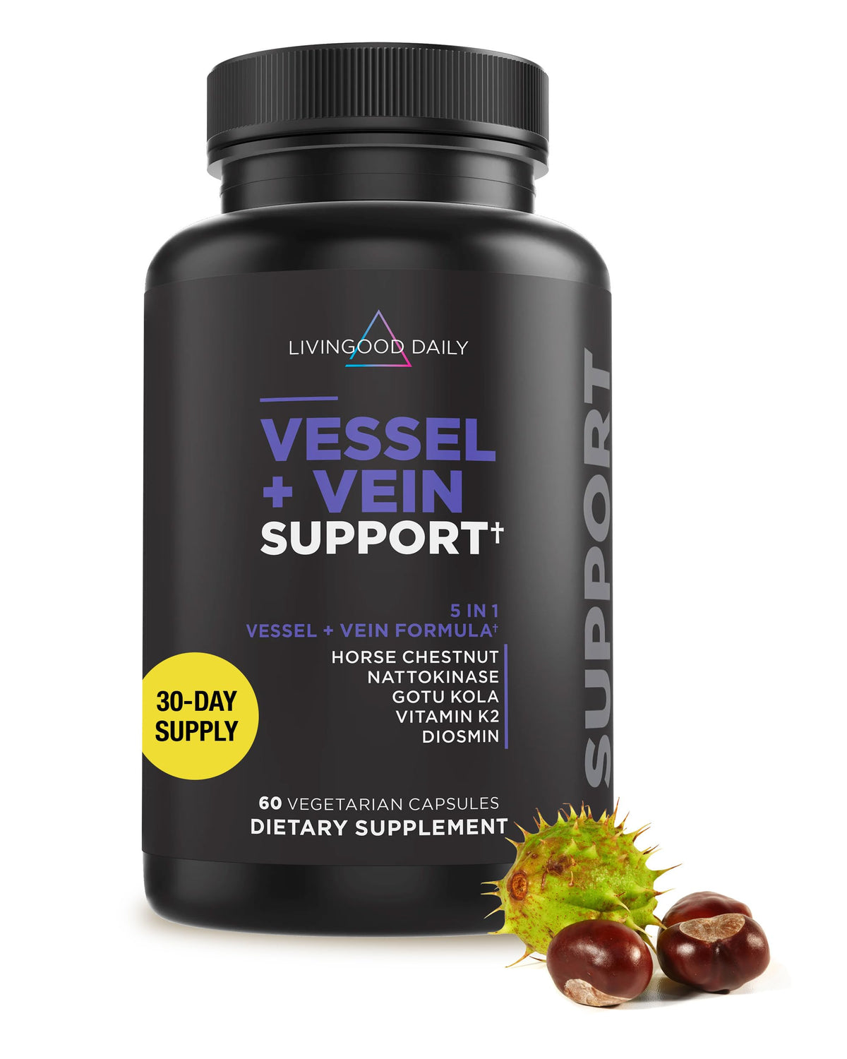 Livingood Daily Vessel & Vein Support bottle, ready for daily circulation maintenance.