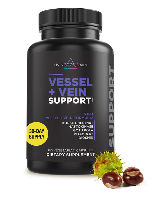 Livingood Daily Vessel & Vein Support bottle, ready for daily circulation maintenance.